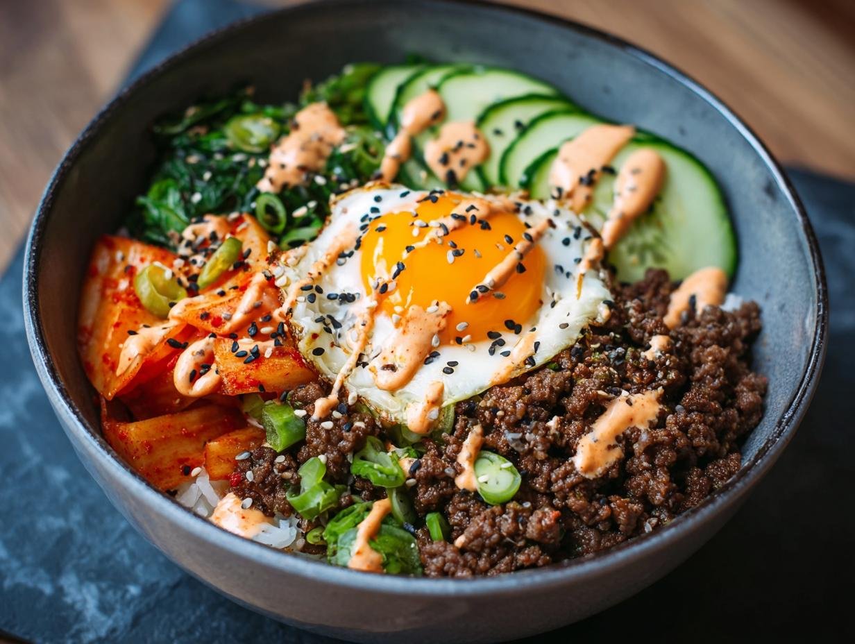 Gros plan d'un bol de Bulgogi de Bœuf Haché avec œuf au plat, kimchi, concombre et sauce.
