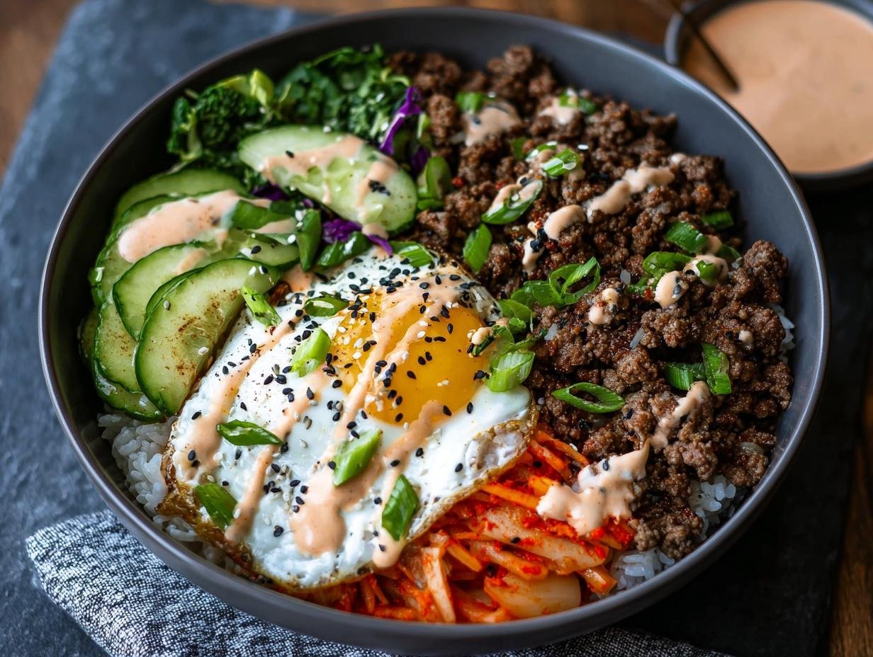 Gros plan d'un bol de Bulgogi Bœuf Haché avec riz, œuf au plat, kimchi et concombre, arrosé d'une sauce.