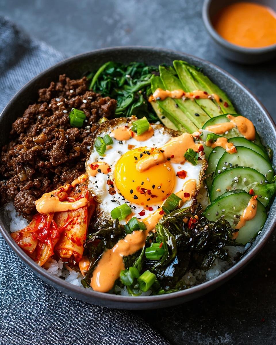 Gros plan d'un bol de Bulgogi Bœuf Haché avec œuf au plat, kimchi, avocat, concombre et sauce.