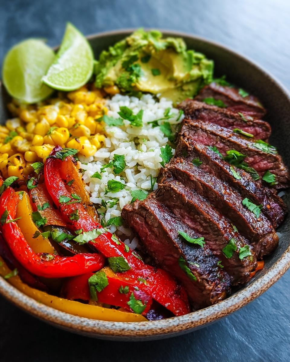 Gros plan sur un bol de fajitas steak haute protéine avec riz, poivrons, maïs, avocat et quartiers de citron vert.
