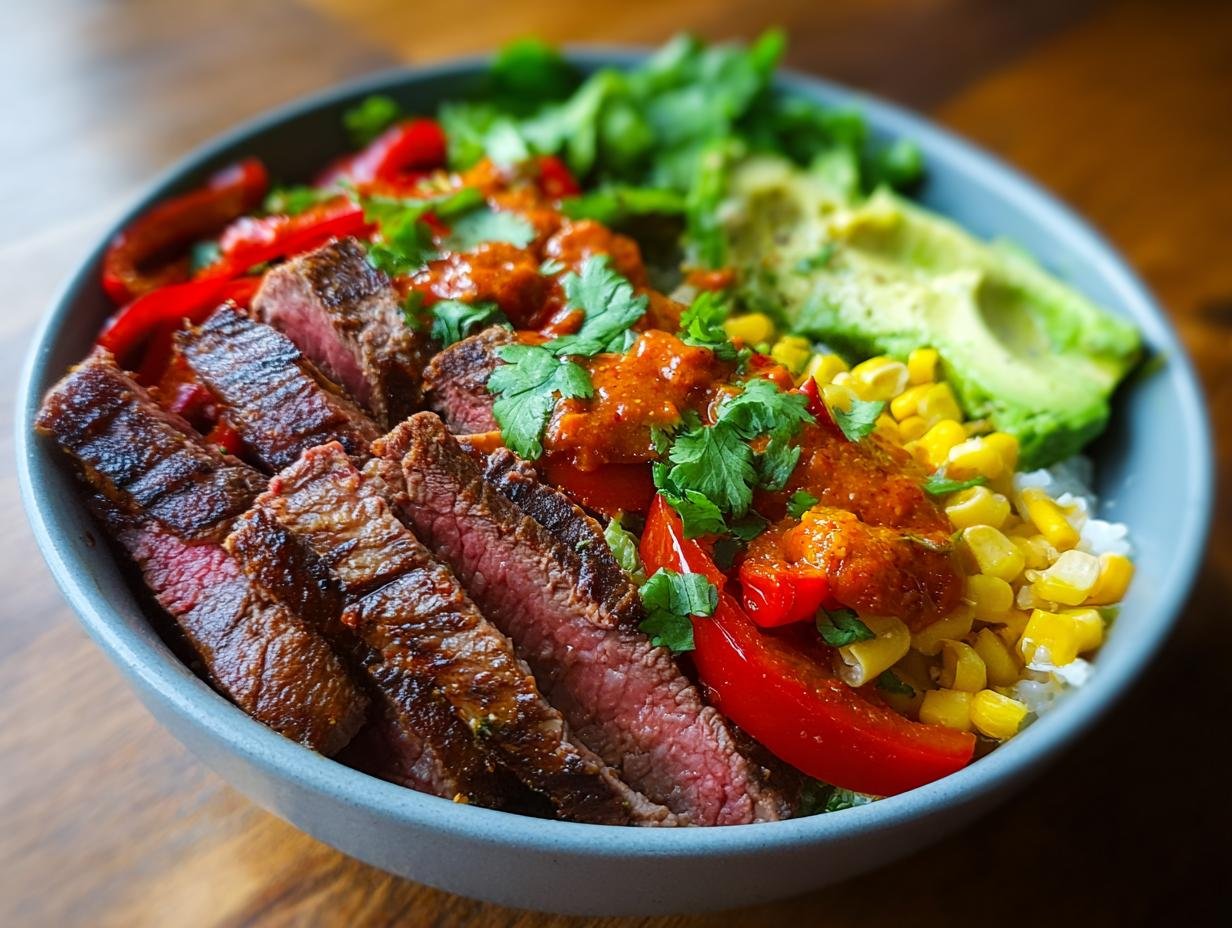 Gros plan d'un bol de fajitas steak haute protéine avec avocat, maïs, poivrons rouges et riz.
