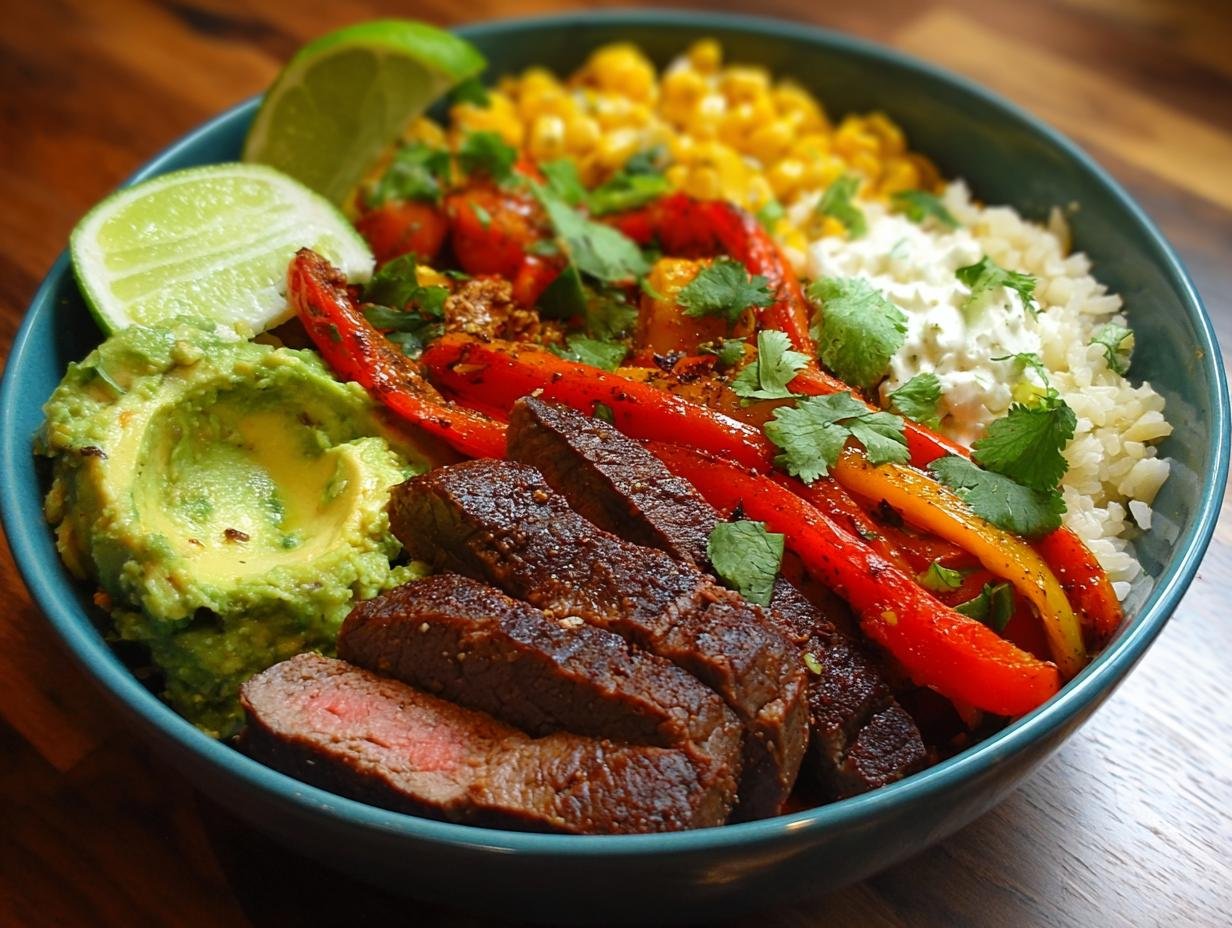 Bol de Fajitas Steak Haute Protéine avec avocat, riz, poivrons et maïs.