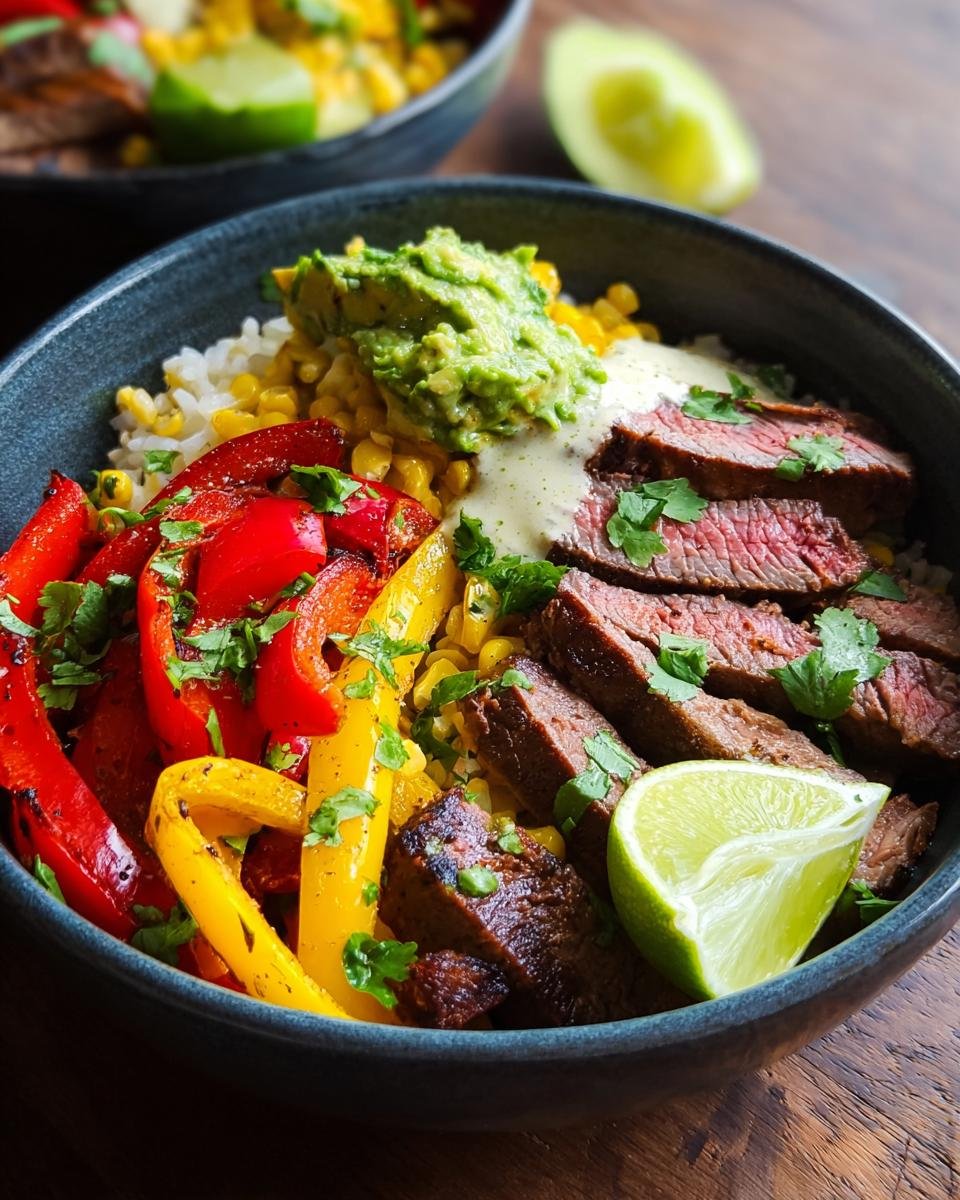 Bol de fajitas steak haute protéine avec riz, maïs, poivrons grillés, avocat et quartiers de citron vert.