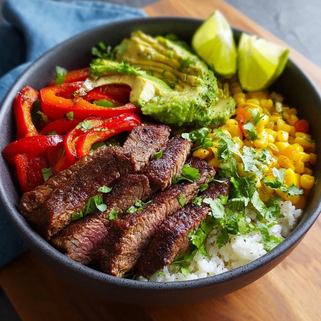 Bol de Fajitas Steak Haute Protéine avec avocat, poivrons rouges, maïs et riz.