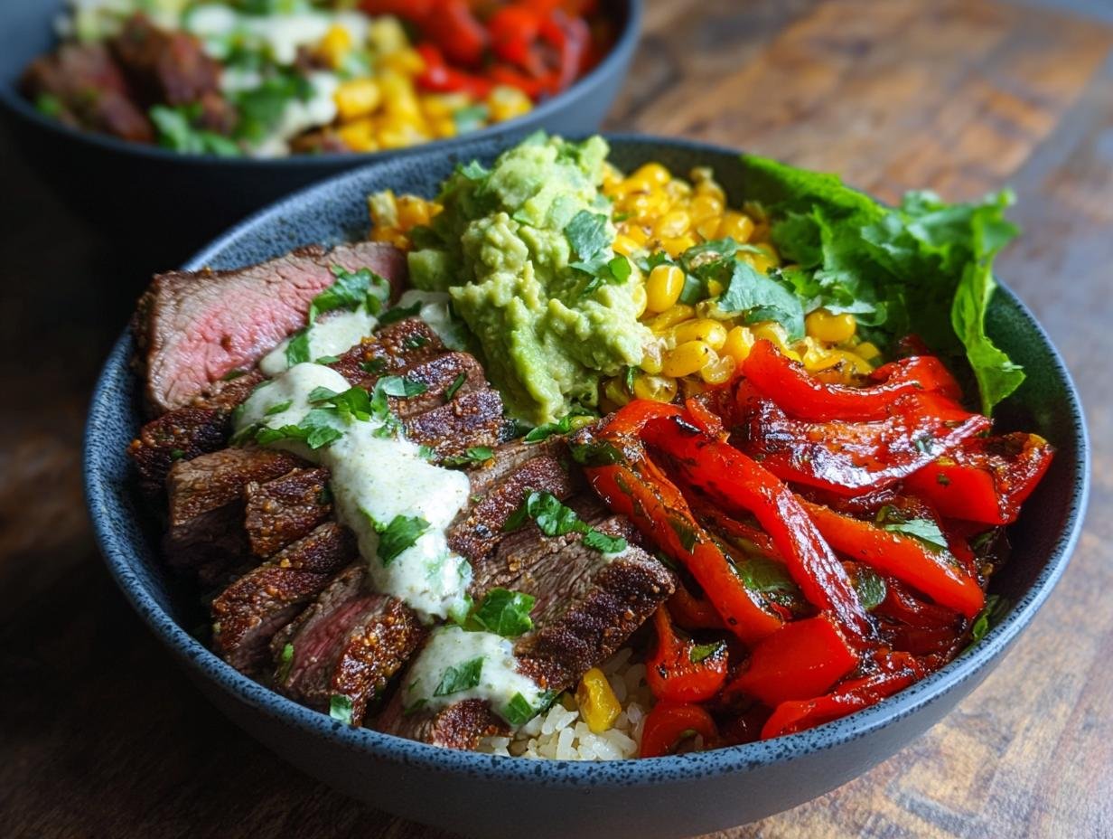 Gros plan d'un bol de fajitas au steak haute protéine avec steak tranché, poivrons rouges, maïs, avocat et coriandre.