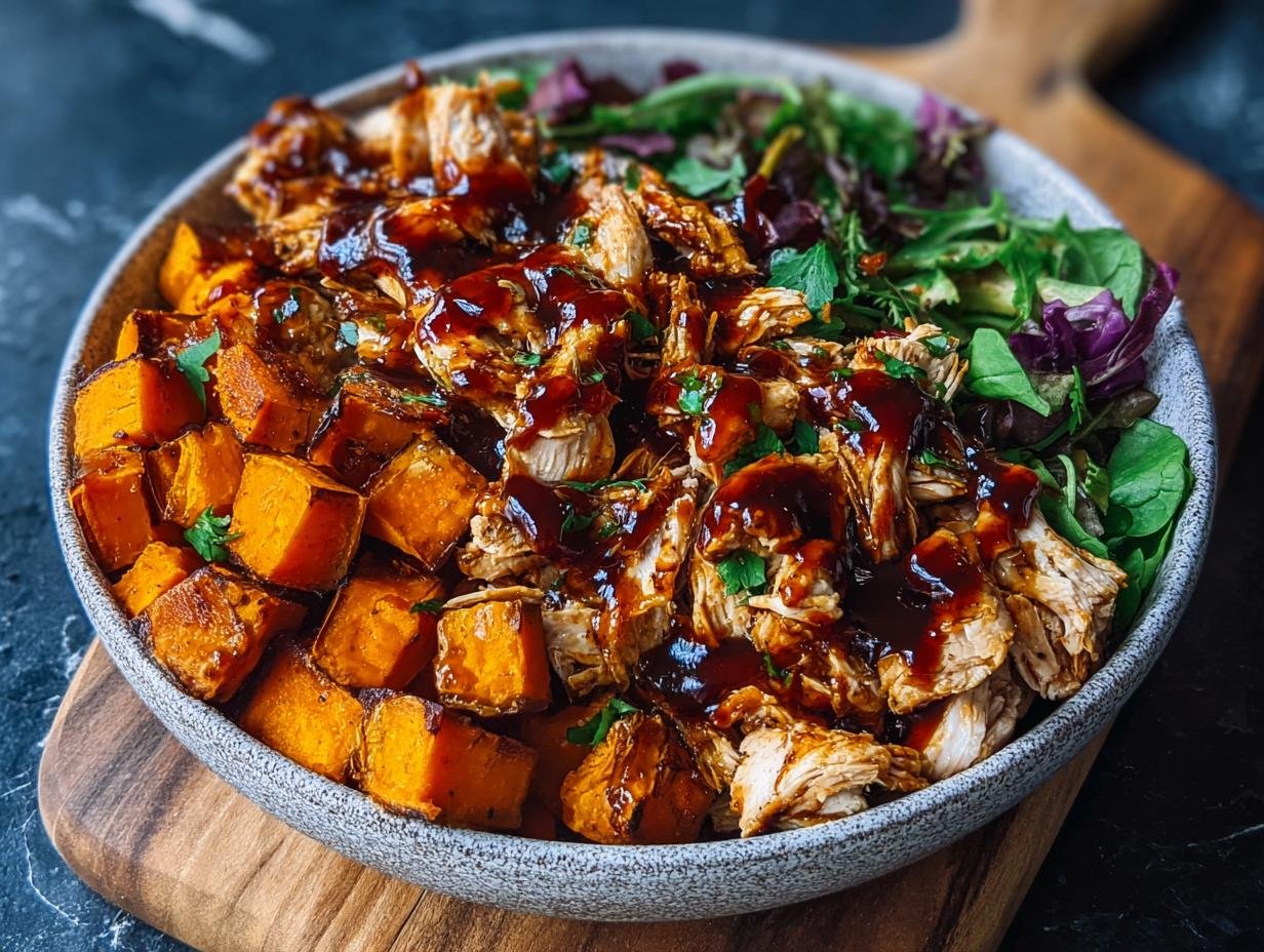 Gros plan d'un bol de poulet BBQ effiloché, de patates douces rôties en dés et d'une salade verte.