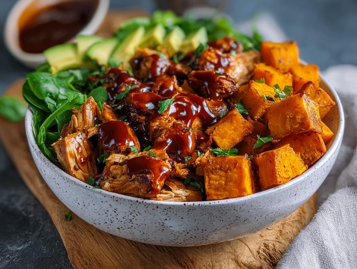 Gros plan d'un bol de poulet BBQ effiloché, patates douces rôties, avocat et épinards, arrosé de sauce BBQ.