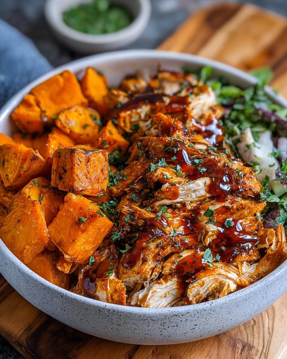 Gros plan d'un bol de poulet BBQ effiloché, de cubes de patates douces rôtis et d'une salade verte.