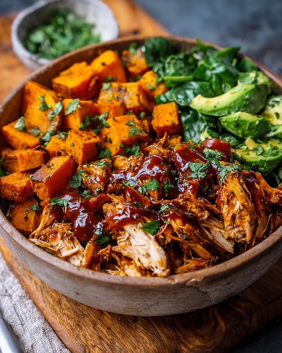 Gros plan d'un bol de poulet BBQ effiloché, patates douces rôties et avocat, garni de persil frais.