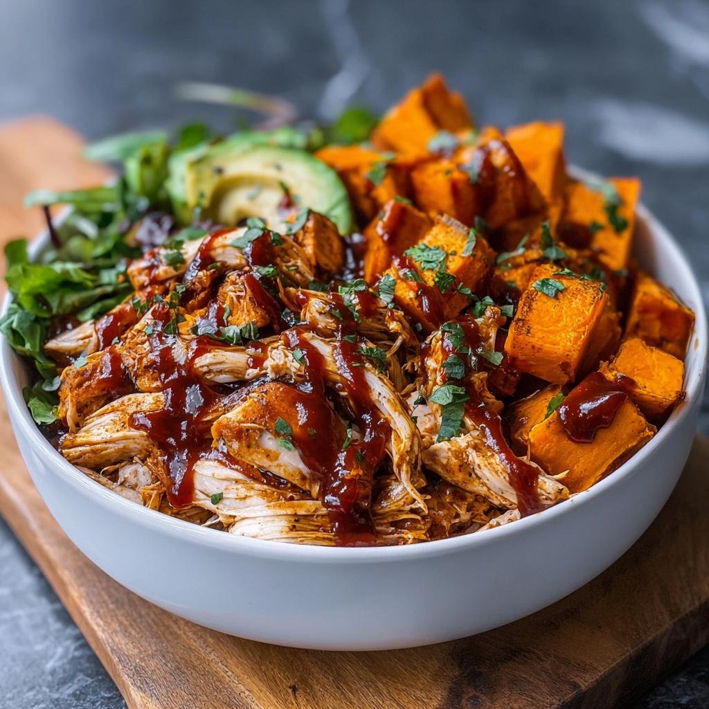 Gros plan d'un bol de poulet BBQ effiloché, patates douces rôties en dés et avocat, arrosé de sauce BBQ et garni de persil.