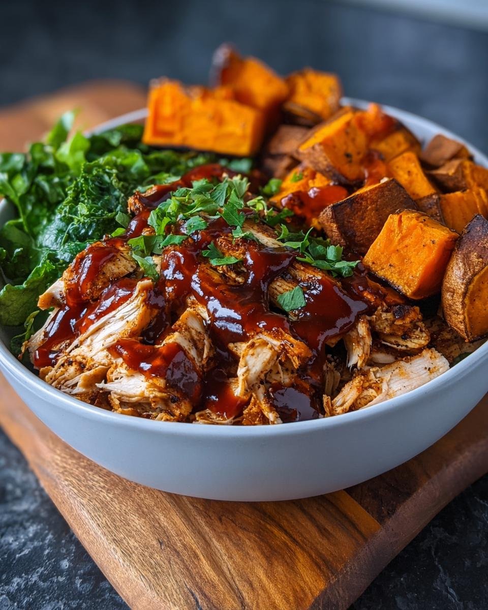 Gros plan d'un bol de poulet BBQ effiloché, patates douces rôties et verdures, arrosé de sauce BBQ et garni de persil frais.