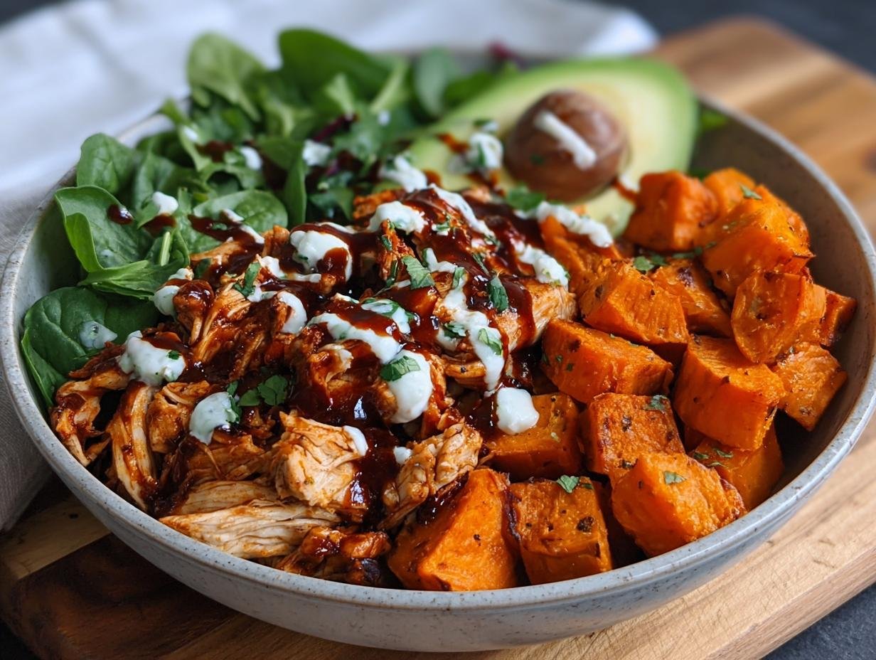 Bol de Poulet BBQ et Patates Douces, garni de sauce BBQ, d'une sauce blanche et de persil frais. Contient aussi des épinards et de l'avocat.
