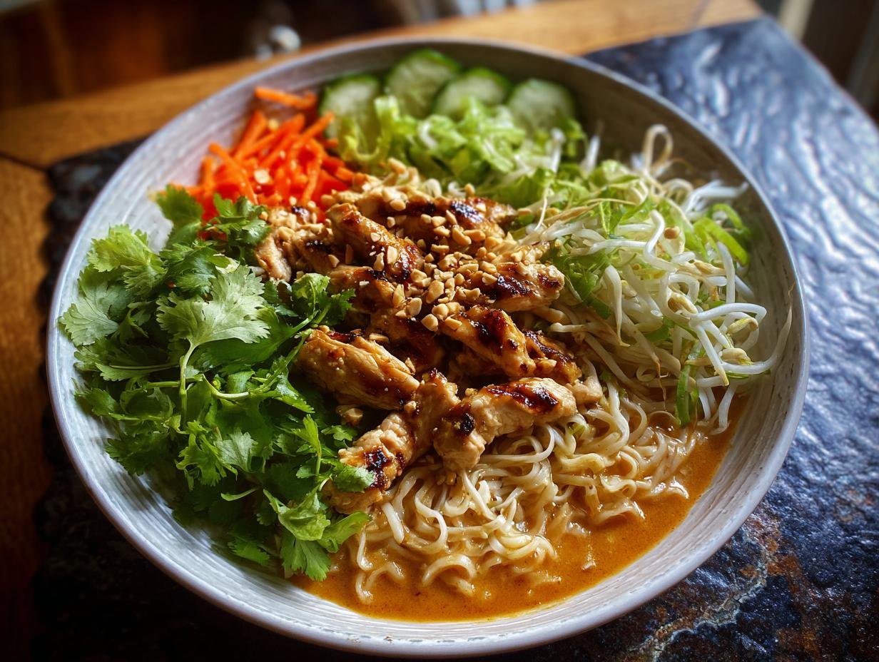 Bol de nouilles poulet satay avec poulet grillé, légumes frais et sauce crémeuse.