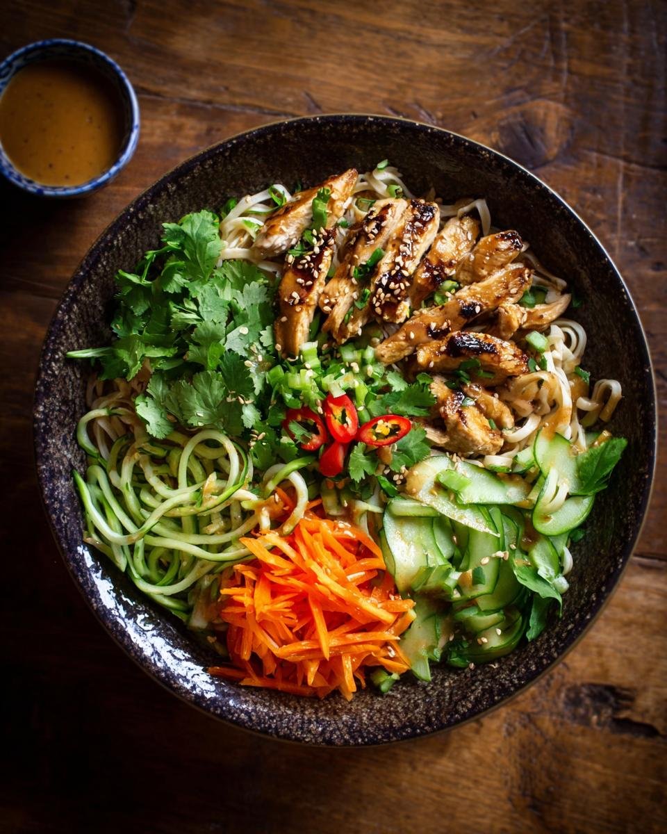 Gros plan d'un bol de nouilles poulet satay avec poulet grillé, nouilles, concombre, carottes râpées et coriandre.