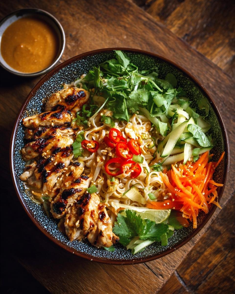 Gros plan d'un bol de nouilles poulet satay avec poulet grillé, légumes frais, piments et sauce satay.