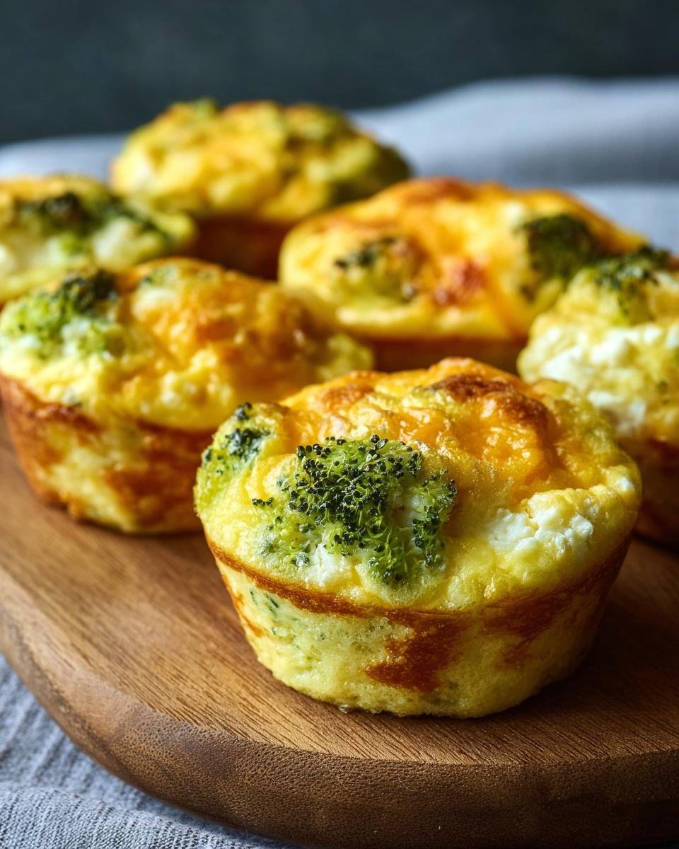 Gros plan sur des bouchées d'œufs au brocoli dorées et au fromage fondu, disposées sur une planche en bois.