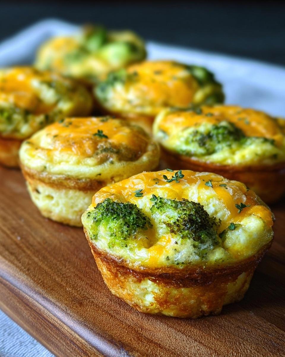 Gros plan sur des bouchées d'œufs au brocoli et fromage dorées, garnies d'herbes fraîches.
