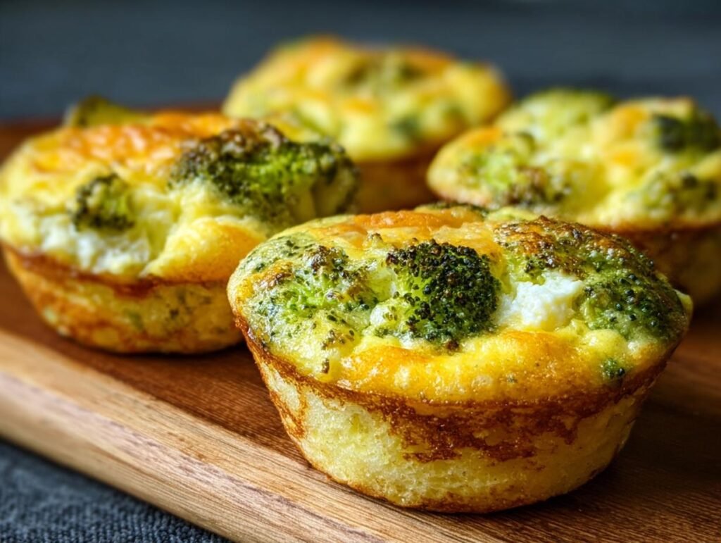 Gros plan sur des bouchées d'œufs au brocoli dorées et appétissantes, parfaites pour un repas rapide.