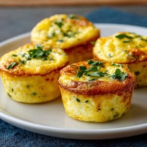 Gros plan de quatre Bouchées d'Oeufs Délicieuses dorées et moelleuses, garnies de persil frais.