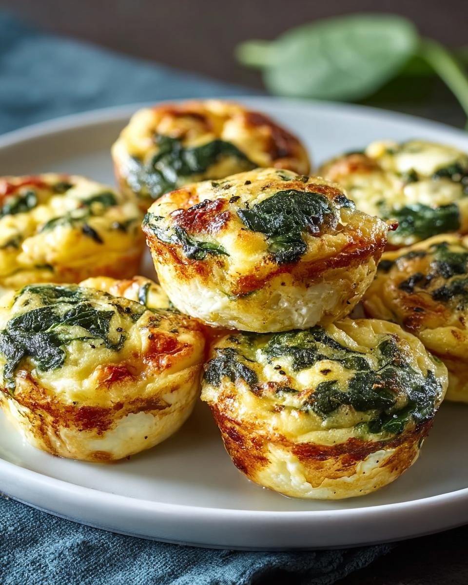 Gros plan de bouchées aux œufs et épinards sur une assiette blanche, avec des bords dorés et des morceaux d'épinards visibles.