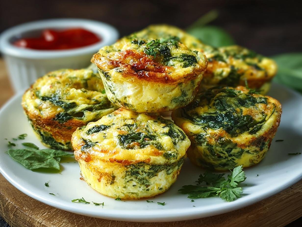 Gros plan sur des bouchées aux œufs et épinards dorées et appétissantes, garnies d'herbes fraîches.