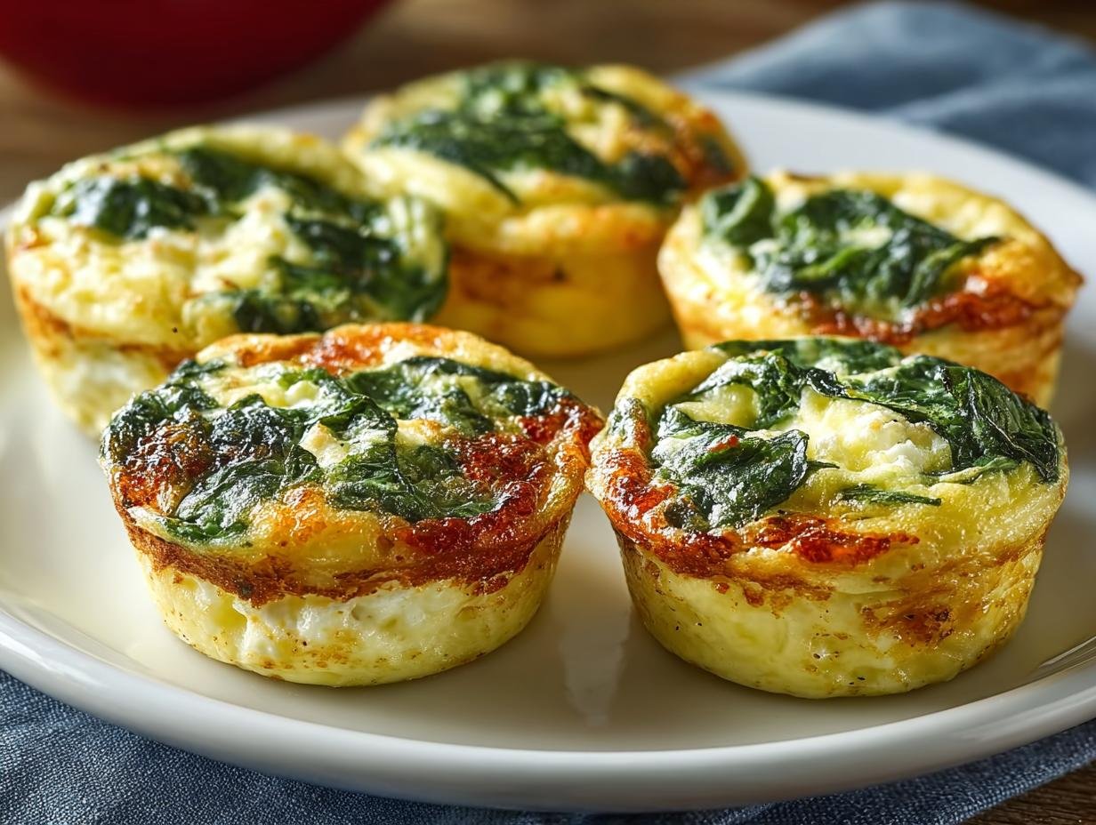 Gros plan sur des bouchées aux œufs et épinards sur une assiette blanche, avec des épinards frais et du fromage cottage.