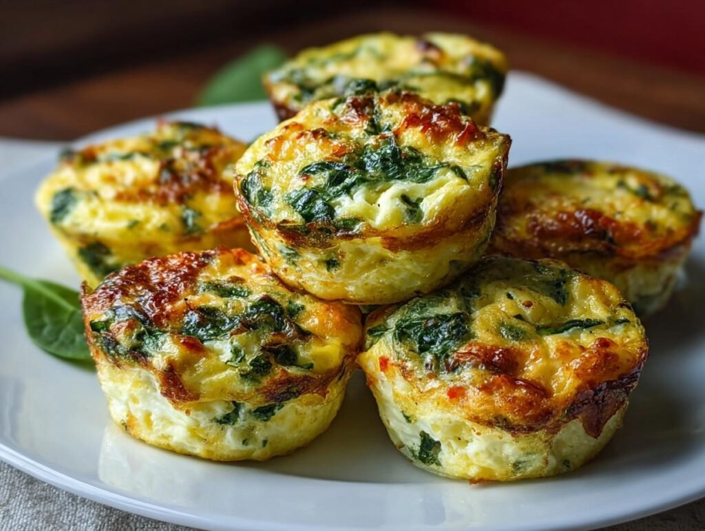 Gros plan de bouchées aux œufs et épinards sur une assiette blanche, garnies de fromage doré.