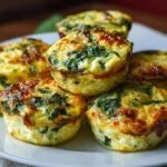 Gros plan de bouchées aux œufs et épinards sur une assiette blanche, garnies de fromage doré.