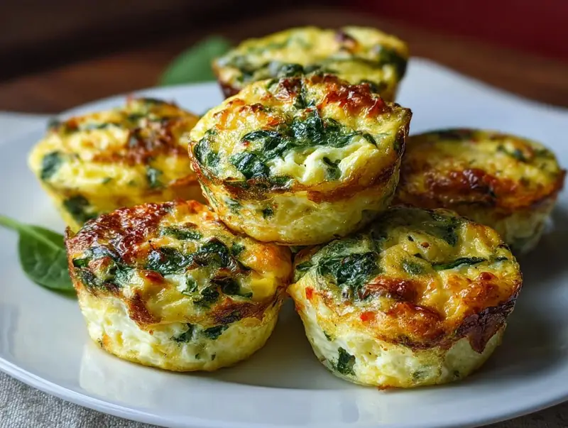 Gros plan de bouchées aux œufs et épinards sur une assiette blanche, garnies de fromage doré.