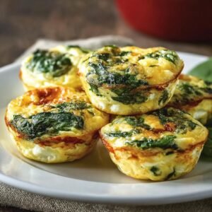 Gros plan de bouchées aux œufs et épinards sur une assiette blanche, parfaites pour le petit-déjeuner ou une collation.