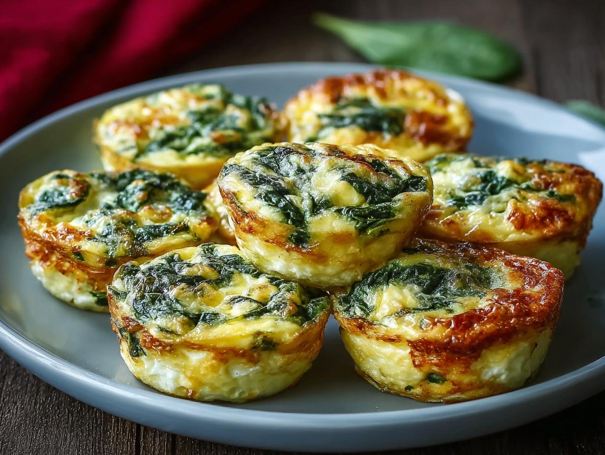 Gros plan de bouchées aux œufs et épinards sur une assiette grise, avec un tissu rouge en arrière-plan.