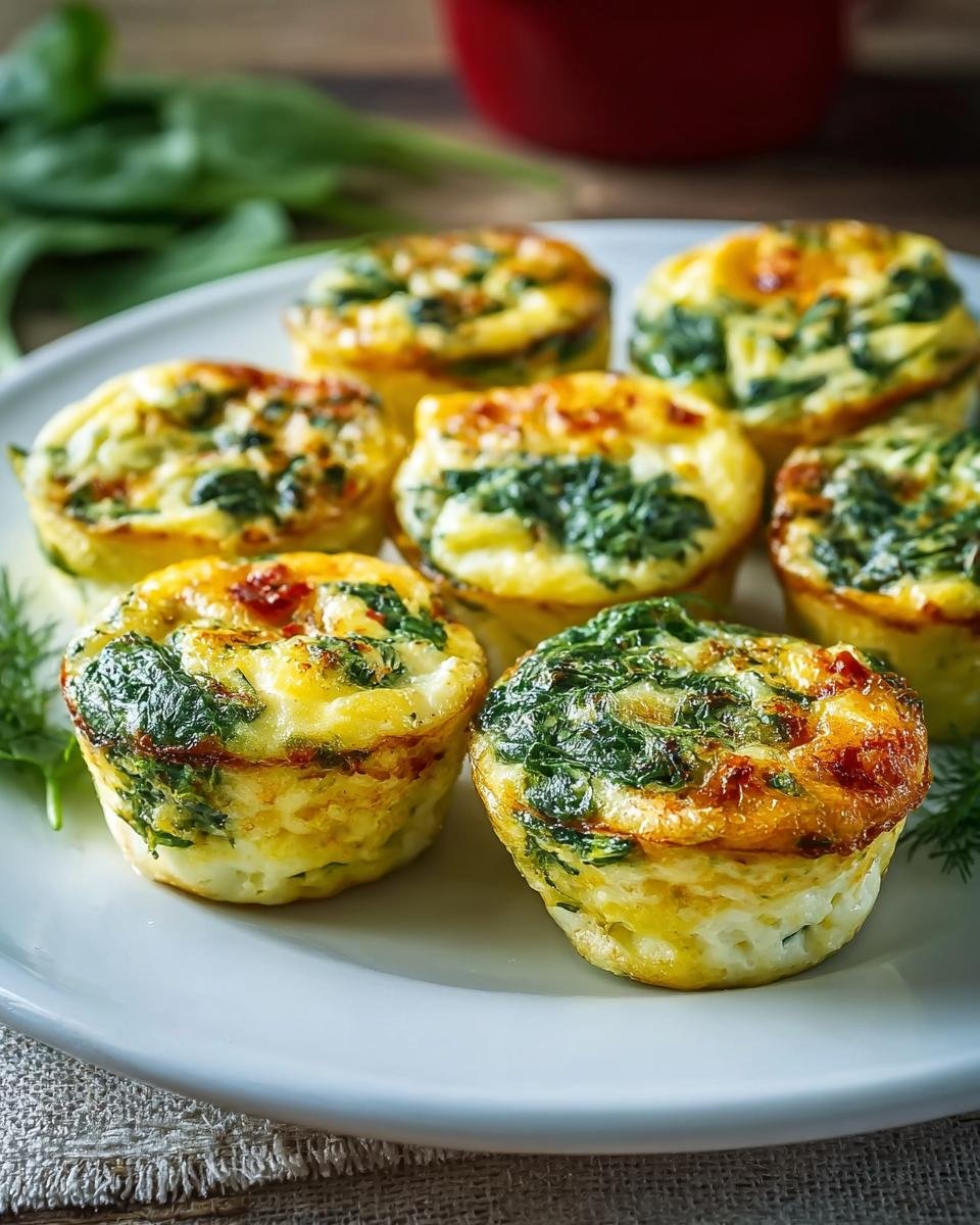 Gros plan sur des bouchées aux œufs et épinards sur une assiette blanche, garnies d'herbes fraîches.