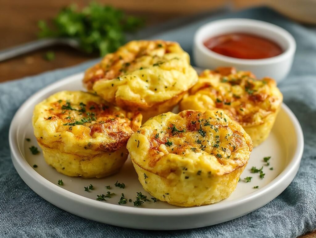 Gros plan sur des bouchées d'œufs au fromage cottage dorées, garnies de persil frais.