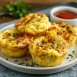 Gros plan sur des bouchées d'œufs au fromage cottage dorées, garnies de persil frais.