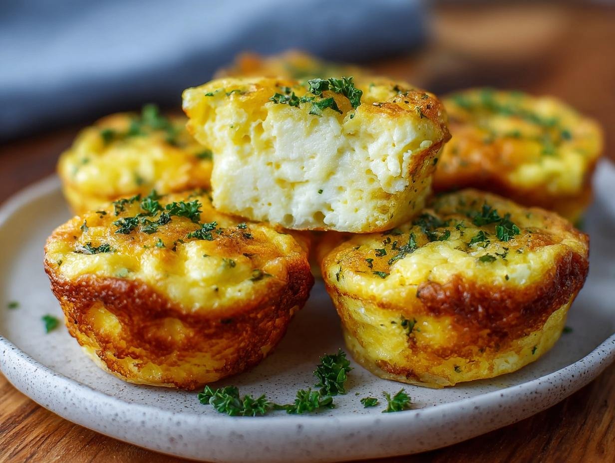 Gros plan sur des bouchées aux œufs et fromage cottage garnies de persil frais, une bouchée est coupée.