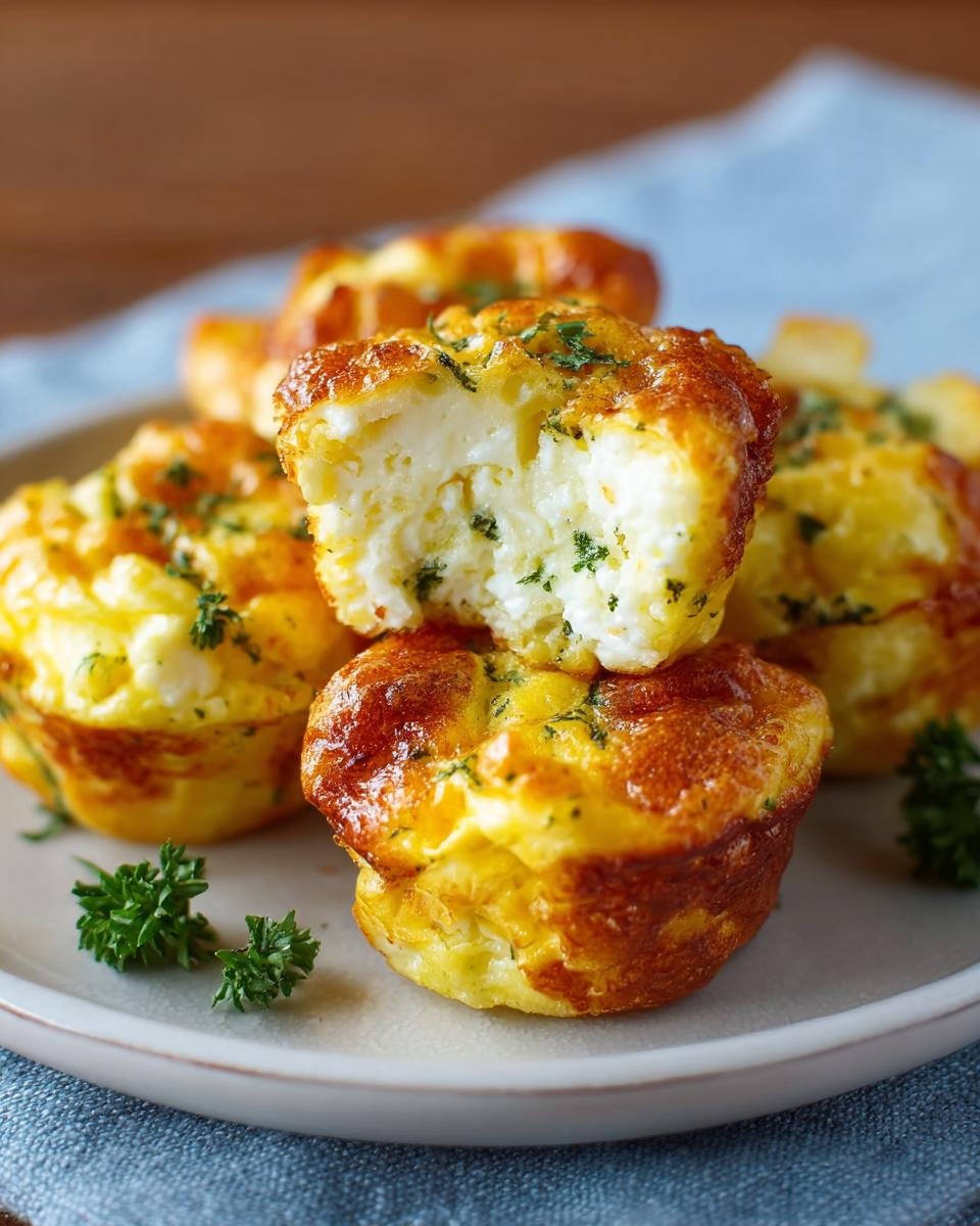Gros plan sur des bouchées aux œufs et fromage cottage, garnies de persil frais, une bouchée est entamée.