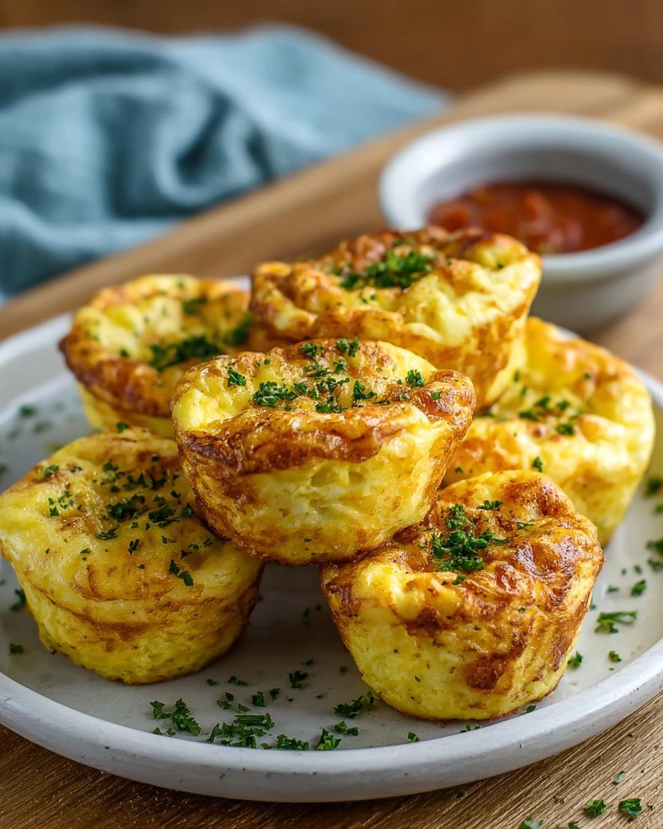 Gros plan sur des bouchées d'œufs au fromage cottage dorées et garnies de persil frais.