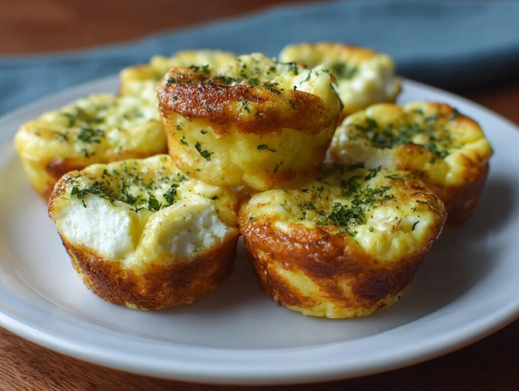 Gros plan de bouchées aux œufs et fromage cottage garnies d'herbes fraîches, sur une assiette blanche.