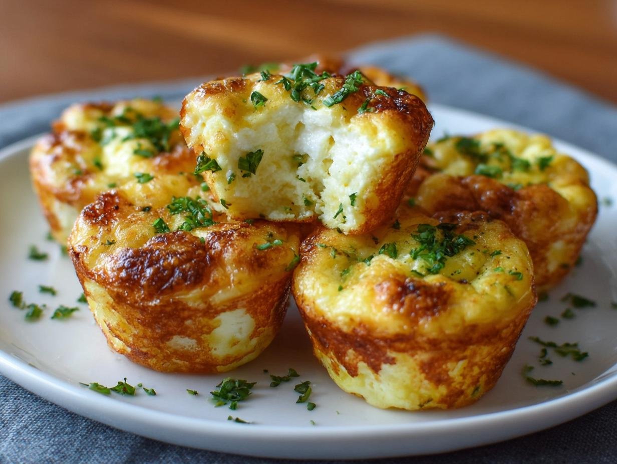Gros plan sur des bouchées aux œufs et fromage cottage dorées, garnies de persil frais.