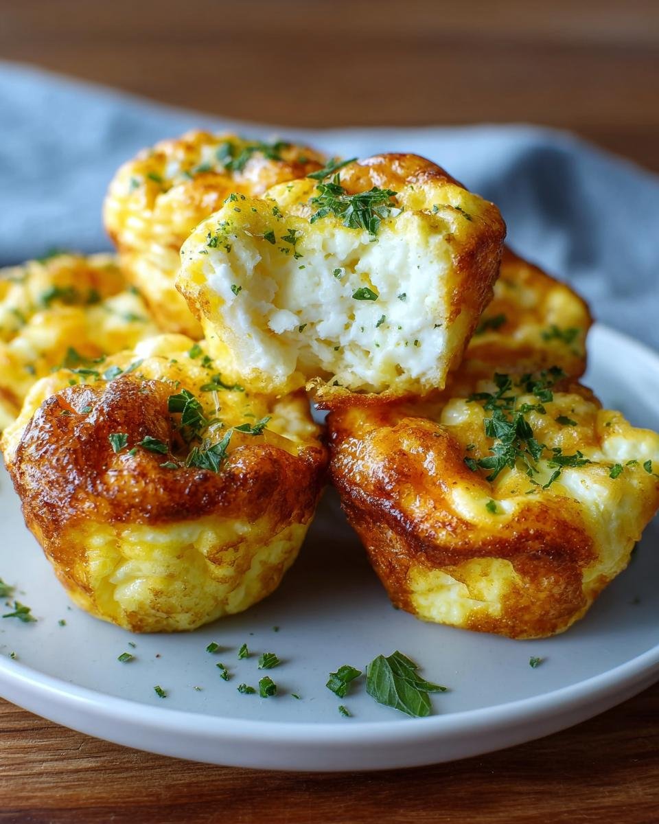 Gros plan de bouchées aux œufs et fromage cottage, garnies de persil frais, sur une assiette.