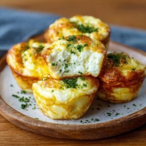 Gros plan sur des bouchées aux œufs et fromage cottage moelleuses, garnies de persil frais.
