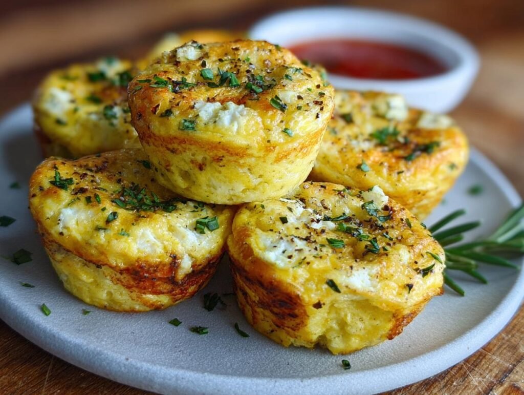 Gros plan sur des bouchées d'œufs au fromage cottage dorées, garnies d'herbes fraîches.
