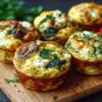 Gros plan de bouchées d'œufs haute protéine garnies d'épinards, de fromage et de persil sur une planche en bois.