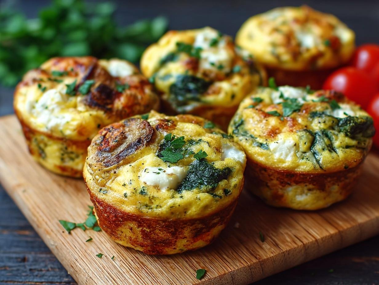 Gros plan de bouchées d'œufs haute protéine garnies d'épinards, de fromage et de persil sur une planche en bois.