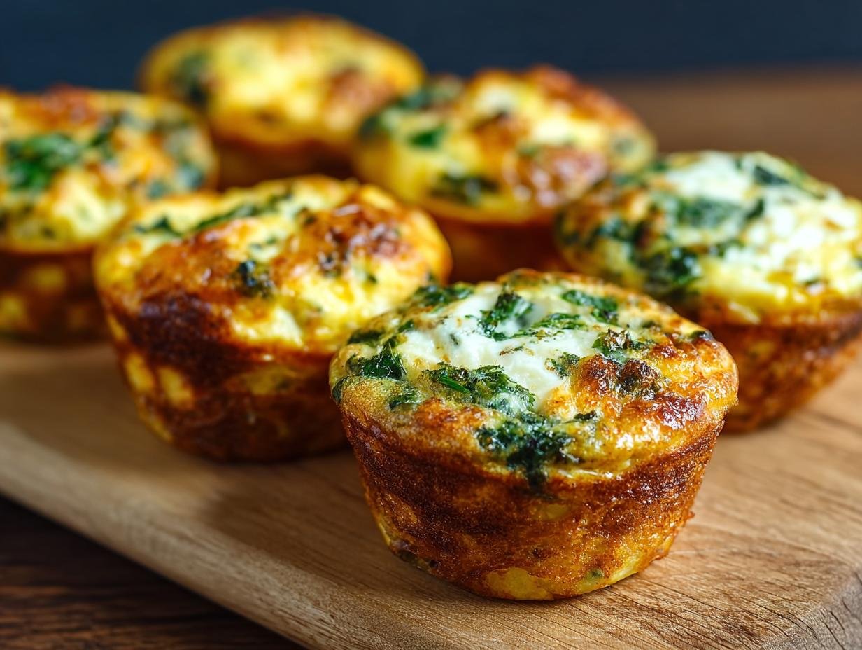 Gros plan sur des bouchées d'œufs haute protéine dorées et garnies d'herbes vertes, disposées sur une planche en bois.