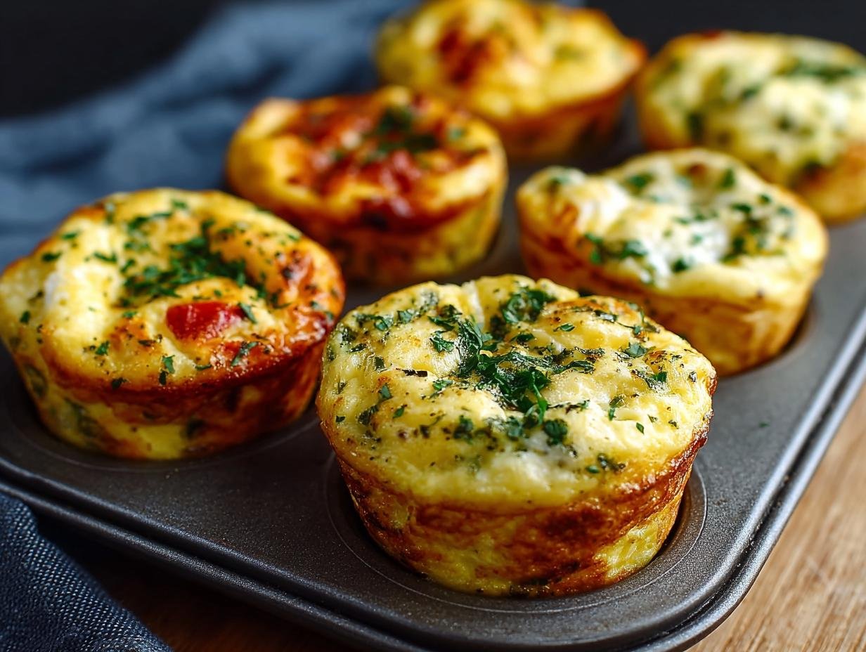 Gros plan de bouchées d'œufs haute protéine dorées et garnies d'herbes fraîches dans un moule à muffins.