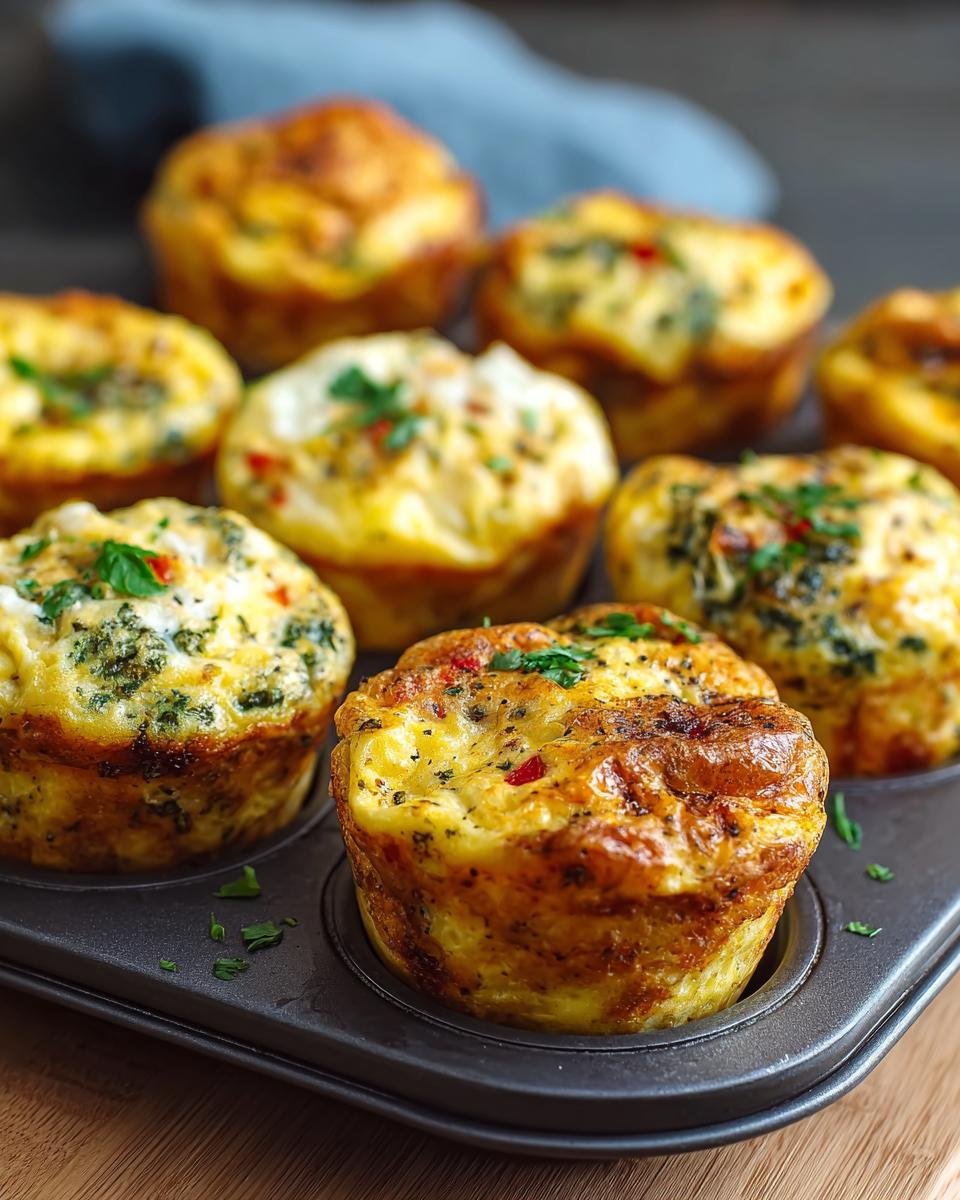 Gros plan sur des Bouchées d'Oeufs Haute Protéine dorées, garnies d'herbes fraîches et de poivrons rouges.