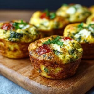 Gros plan sur des bouchées d'œufs haute protéine garnies de tomates cerises et de persil frais.