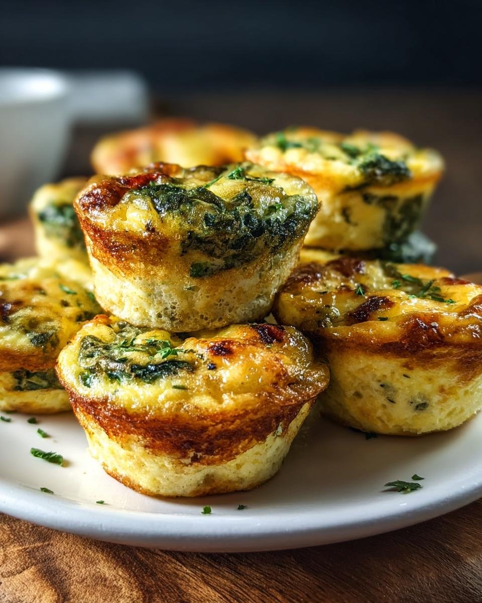 Gros plan sur des bouchées d'œufs protéinées aux épinards, dorées et garnies d'herbes fraîches.