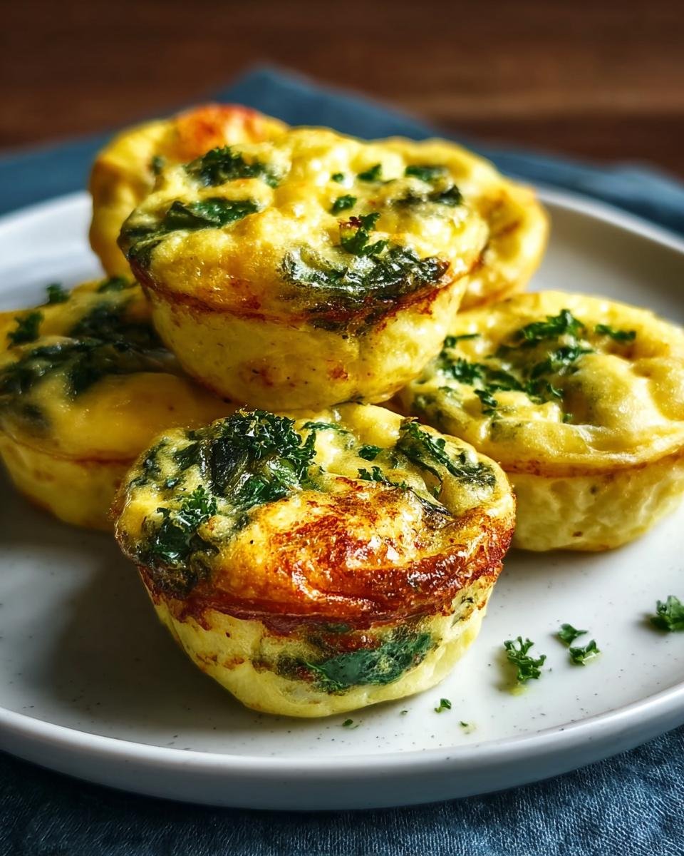 Gros plan de bouchées d'œufs protéinées aux épinards sur une assiette, garnies de persil frais.